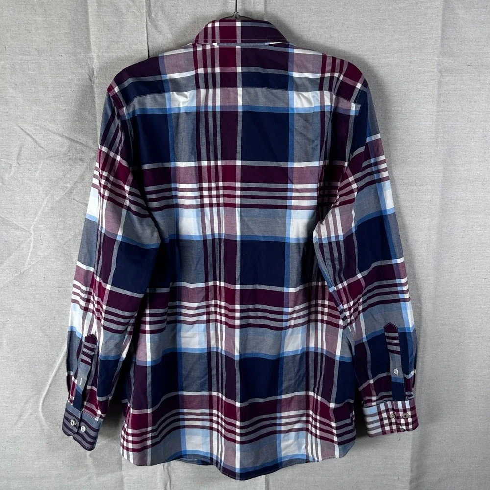 Banana Republic Camden Fit Non-Iron Plaid Button Down Shirt Mens L Burgundy Blue